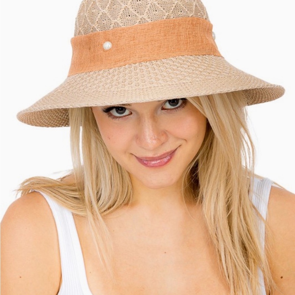 Beige Sun Hat with Peach Band and Pearl Detail